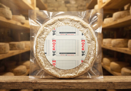 Vacuum Sealed Cheese Label Mockup on Underground Storage Vault