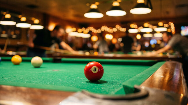 Red 3 Pool Ball on Green Table in a Lively Billiards Hall