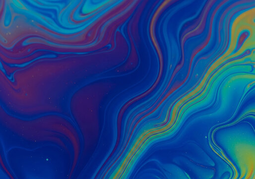 Iridescent liquid texture with holographic swirls, abstract oil on water background, vibrant psychedelic marble pattern for creative design