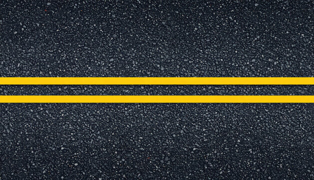 Top-down view of a textured dark asphalt road surface featuring a solid double yellow center line, perfectly captured for transportation, infrastructure, or background graphic design project needs.