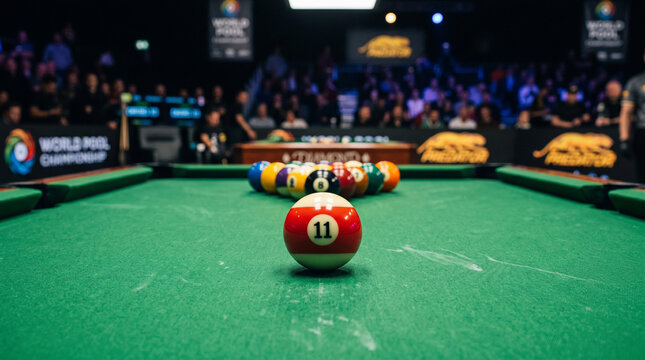 Professional pool table with racked balls at a championship
