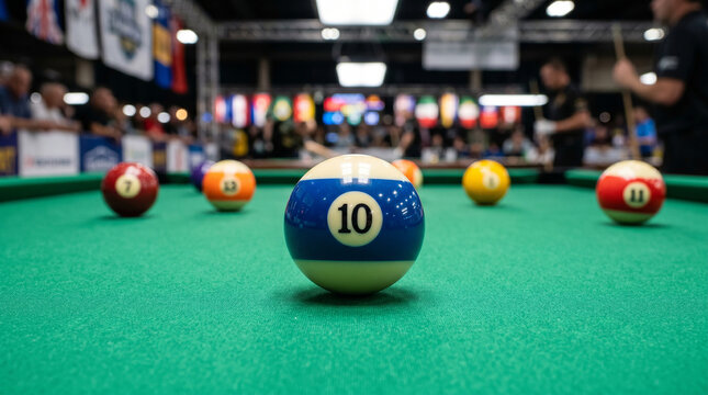 Billiard Balls on Green Pool Table with Number 10 Ball in Focus