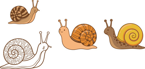 Cute Snail Illustration Collection Featuring Cartoon Garden Snails with Spiral Shells Nature Wildlife and Hand Drawn Vector Set © Antara