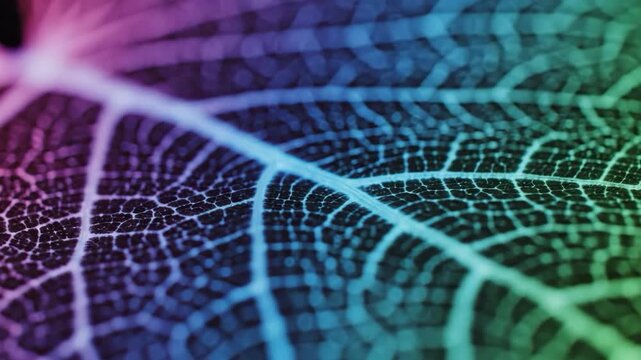 Close-up of a leafs intricate veins in vibrant neon colors, showcasing natures delicate patterns.