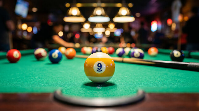 Number Eight Ball Breaking Rack in Low Light Pool Game Close Up