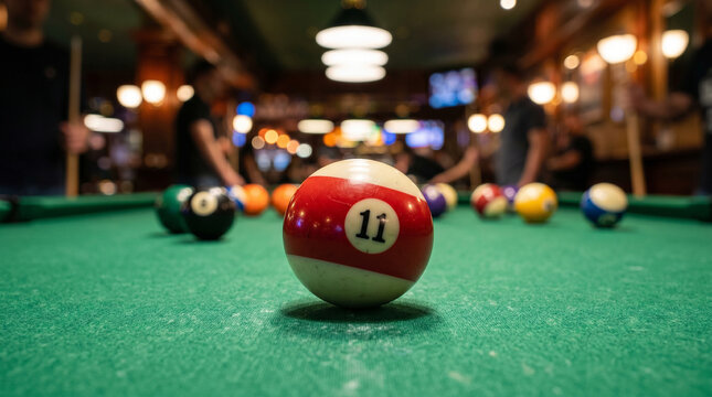 Close up of numbered billiard ball on green pool table in dimly lit game room