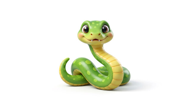 Cute cartoon green snake character with friendly smile, isolated on white background