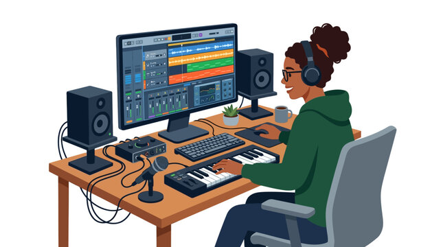 Music producer, audio engineer, recording studio setup, sound mixing console isolated on White Background vector eps silhouette