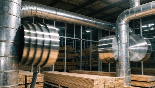 Medium shot showing zone dampers inside a wood drying kiln adjusting to control airflow precisely enhancing energy efficiency while ensuring consistent board moisture content.
