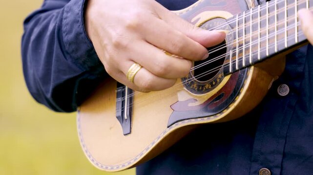 Close Up of Musician Hands Playing Charango String Instrument