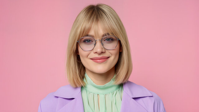 Close up smiling young blonde woman with a bob haircut and bangs wearing glasses and purple jacket against a solid bright pink background
