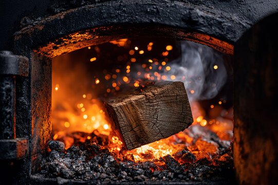Splitting post oak wood into a glowing offset smoker firebox