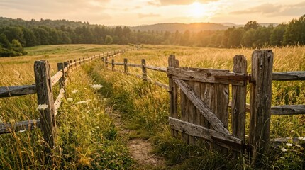 Fototapeta premium Open wooden gate in a rustic meadow during golden hour. A rural countryside pathway leads through tall grass towards a distant forest. Concept of nature, freedom, and tranquil escape.