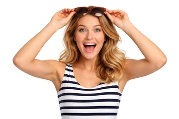 Fototapeta premium Excited woman holding sunglasses smiling