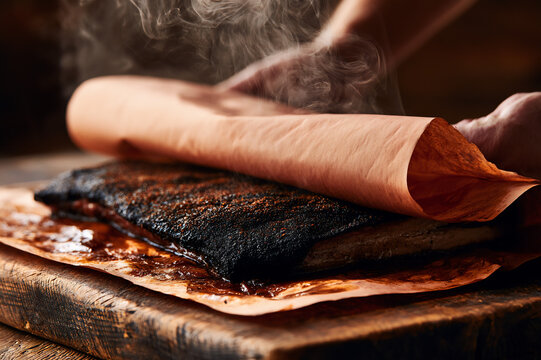 Wrapping a smoked beef brisket in unbleached peach butcher paper