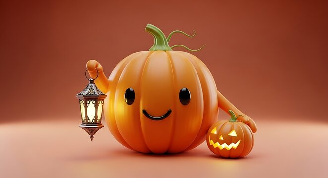 Cute Halloween pumpkin cartoon character holding a vintage lantern with a small jack-o'-lantern on orange background