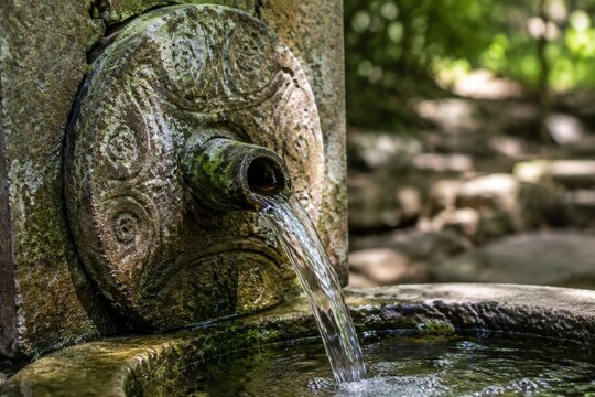 artesian. Close-up of an ancient mossy stone wellhead with water flowing into a basin. real-estate listings.