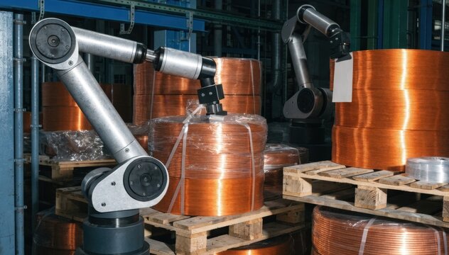 Medium shot showcasing robotic arms strapping and labeling copper coils secured on pallets emphasizing organized palletizing and efficient packaging workflow.