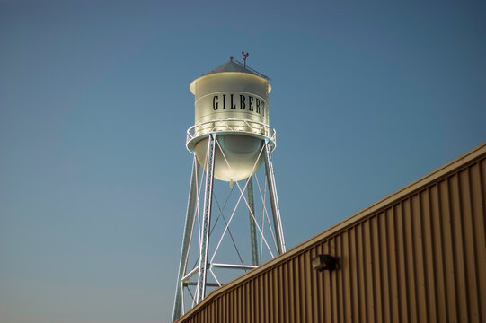 Water tower at night in city of Gilbert Arizona