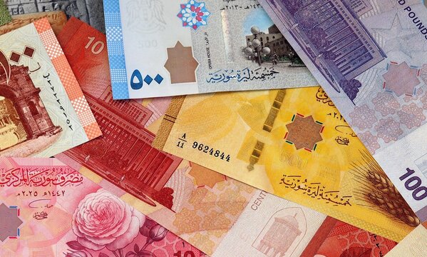Syrian pound money bills in pile on table. Syria SYP currency cash close up