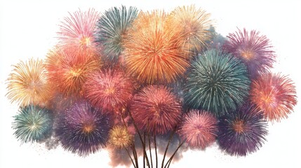 Fototapeta premium Colorful fireworks bursting in the night sky, isolated on a clean white background, capturing a festive and celebratory atmosphere.