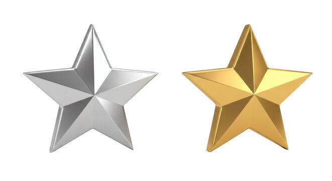 Realistic three dimensional rendering of a shiny gold star alongside a polished silver star shape symbol&nbsp;
