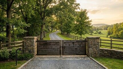 Fototapeta premium Wooden entrance gate at the beginning of a winding driveway leads to a country estate. Peaceful rural landscape with stone columns and trees. Scenic view for property and home design.