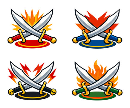 Crossed pirate scimitars appear in four colorful vector emblems, each set against fire, lightning or skull backdrops