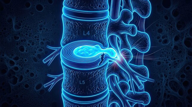 Detailed medical rendering of a lumbar spinal disc herniation between L4 and L5 vertebrae, highlighting nerve compression in a cinematic widescreen composition for clinical healthcare education.