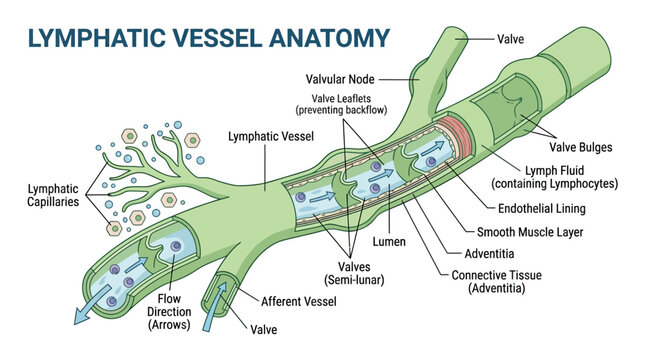 Detailed anatomical illustration of a lymphatic vessel with labeled components, showcasing its structure and function in a medical educational context.