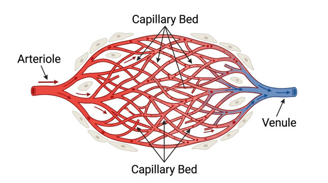 Detailed diagram of a capillary bed with labeled arteriole, venule, and capillary network on a white background.