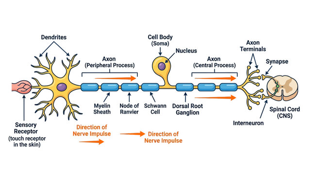 Detailed anatomical illustration of a neuron with labeled components including dendrites, cell body, nucleus, and synapse on a white background.