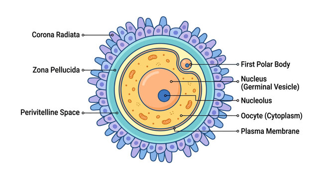 Detailed illustration of a labeled egg cell with its various components, including Corona Radiata and Zona Pellucida, on a white background.