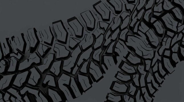 Rugged off road tire tread pattern featuring deep aggressive grooves and irregular rubber blocks designed for extreme terrain traction and superior automotive performance on a cinematic wide layout.