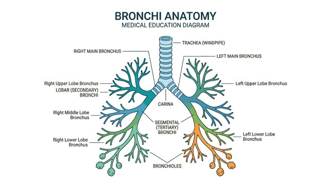 Detailed medical education diagram of human bronchi anatomy in vibrant colors on a clean white background.