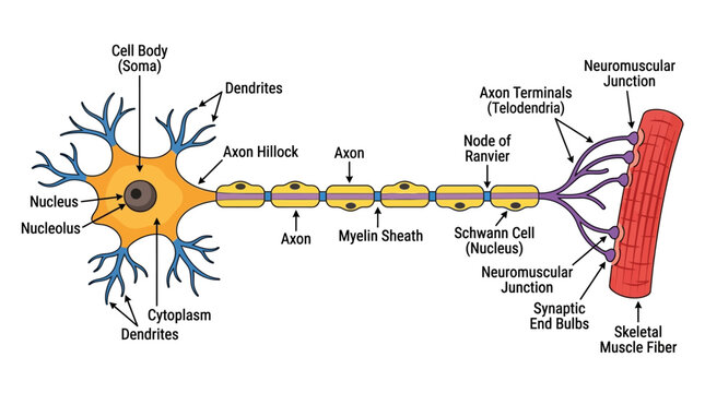 Detailed illustration of a neuron with labeled components including dendrites, cell body, nucleus, and axon terminating at a neuromuscular junction on a white background.
