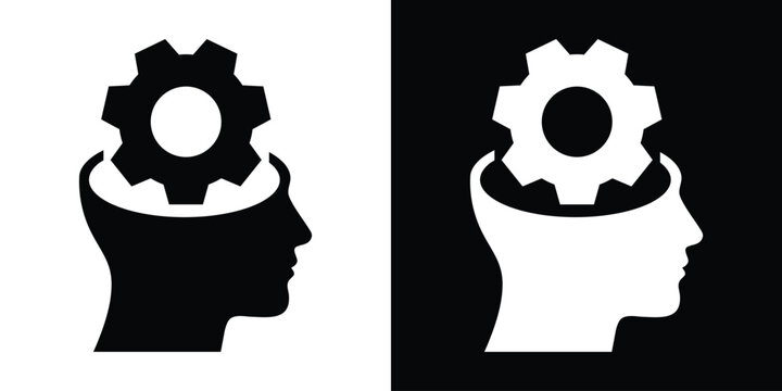 Human head silhouette with a gear icon inside, symbolizing logical thinking, brain mechanics, and problem-solving.