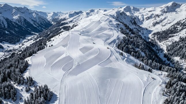 Aerial view of groomed ski slopes winding through snow covered mountains and pine forests