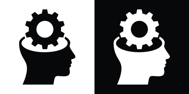 Human head silhouette with a gear icon inside, symbolizing logical thinking, brain mechanics, and problem-solving.