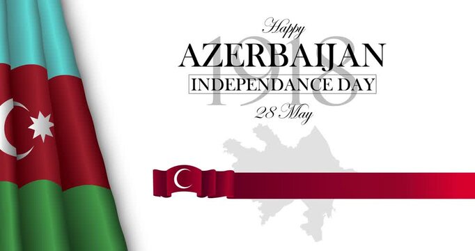 Azerbaijan Independence Day motion design. Patriotic banner with waving national flag and silhouette of country map. Celebration of May 28 honoring freedom and sovereignty. Animated graphics