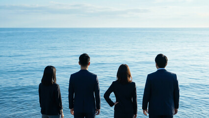 Marine Day Summer Business Team Four People Rear View Coastal Warm Sea Horizon Unity Vitality Corporate Japan Perfect for corporate advertising and business presentations