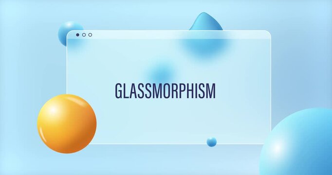 Glass morphism banner with spheres. Modern abstract composition featuring 3D spheres, realistic frosted glass effect and blurred background. Premium UI concept. Animated graphics