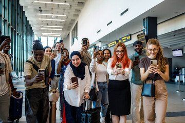 Group of people using phones at an airport during arrivals and capturing moments © Marko