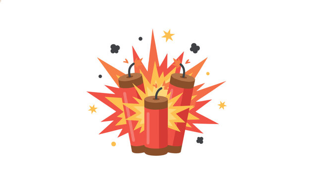 Dynamic illustration of several sticks of dynamite exploding with a large fiery blast and sparks on a plain white background.