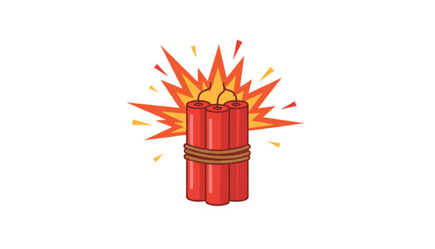 Bundle of red dynamite sticks with a burning fuse and explosive sparks set against a plain white background representing a powerful blast.