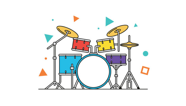 Colorful drum kit musical instrument set featuring cymbals and drums designed in a vibrant flat vector art style for music education concepts.