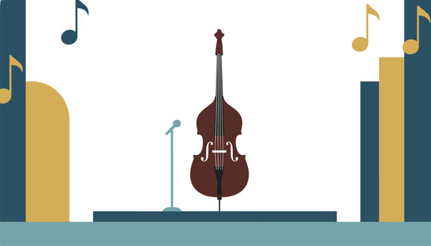 Upright bass or cello musical instrument on a stage with musical notes and geometric background elements in a modern flat vector illustration.