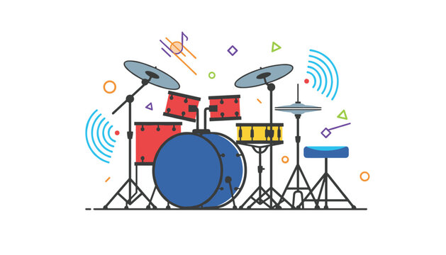 Professional drum kit with sound waves and musical elements creating an energetic vibe in a vibrant flat vector design for audio production.