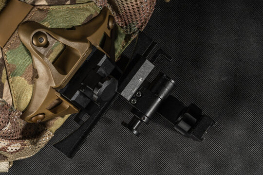 Tactical night vision shroud on multicam skull cap integrated with breakaway style mount and mini rail adapter close up