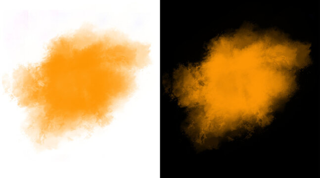 Vibrant orange powder explosion on white and black backgrounds, colorful dust cloud burst, abstract holi paint splash for creative design